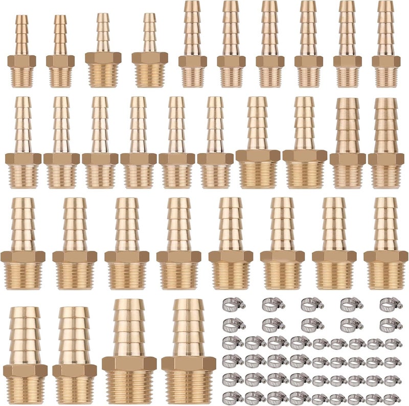 KOOTANS 32PCS Brass Hose Barb Fittings Barb to NPT Male Thread Adapter Kit 3/16" 1/4" 5/16" 3/8" 1/2" Barbed Air Hose Fittings with 46pcs Pipe Clamps for Water Fuel Air Line Connector Fitting - Image 2